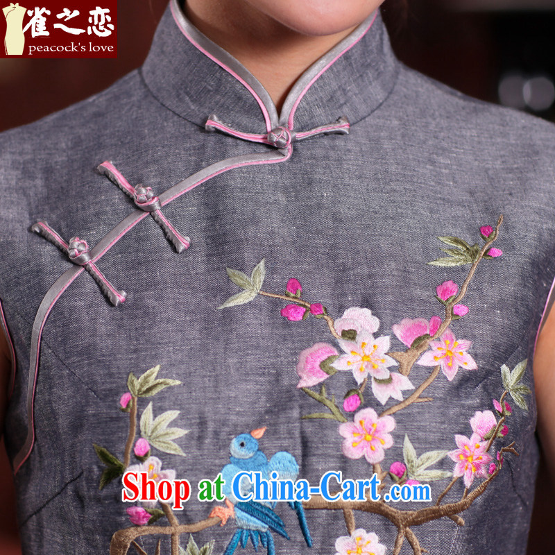 Birds of the land reflects our country to 2015 spring new 100% linen hand embroidered cheongsam QD 467 light gray XL, birds love, and shopping on the Internet