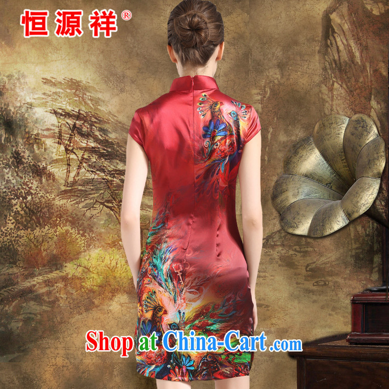 HANG SENG Yuen Cheung-spring and summer new stamp Silk Cheongsam sauna silk Womens silk silk Jurchen Silk Dresses pink XXL, Hengyuan Cheung, and shopping on the Internet