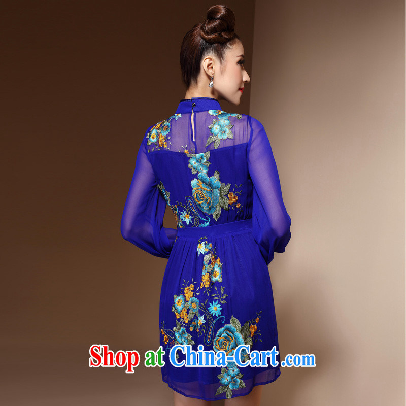 The CYD HO Kwun Tong' blue feathers standard embroidery Silk Cheongsam 2015 spring and summer long-sleeved fashion style Silk Cheongsam dress HC 3868 blue L, Sau looked Tang, shopping on the Internet