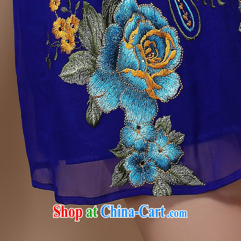The CYD HO Kwun Tong' blue feathers standard embroidery Silk Cheongsam 2015 spring and summer long-sleeved fashion style Silk Cheongsam dress HC 3868 blue L, Sau looked Tang, shopping on the Internet