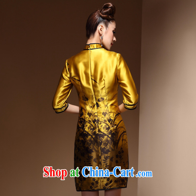 The CYD HO Kwun Tong Jin, Cayman 2015 spring new, cuff Silk Cheongsam sauna silk retro dresses skirts QZ 3811 gold XL, Sau looked Tang, shopping on the Internet