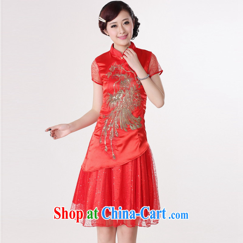 Jessup, new, improved, short-sleeved staple Pearl embroidered cheongsam dress Chinese cheongsam improved cheongsam TD 0190 _red XXL