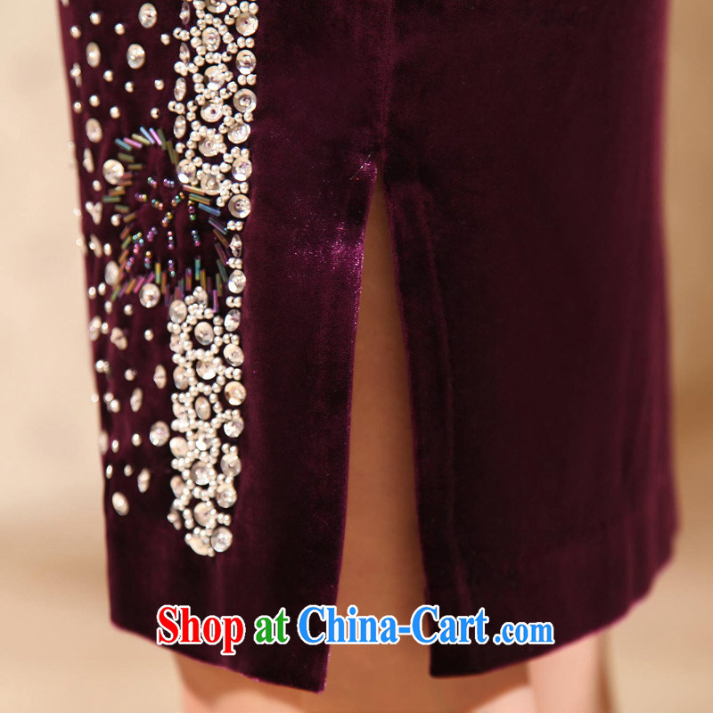 The CYD HO Kwun Tong' noble lady upscale velvet dresses 2015 summer staple manually Pearl upscale dress mom with velvet cuff in cheongsam G 242 cuff in wine red XXXL, Sau looked Tang, shopping on the Internet