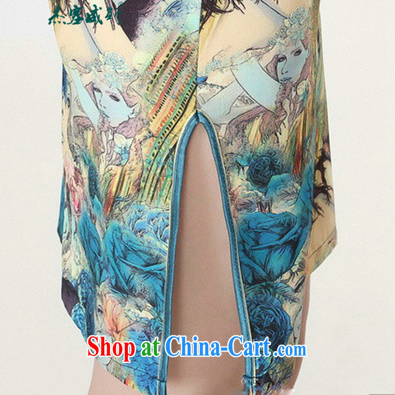 Jessup, new stylish improvements, short-sleeved hand tie cheongsam dress Chinese cheongsam Chinese qipao TD 0196 #blue XL, Jessup, and shopping on the Internet