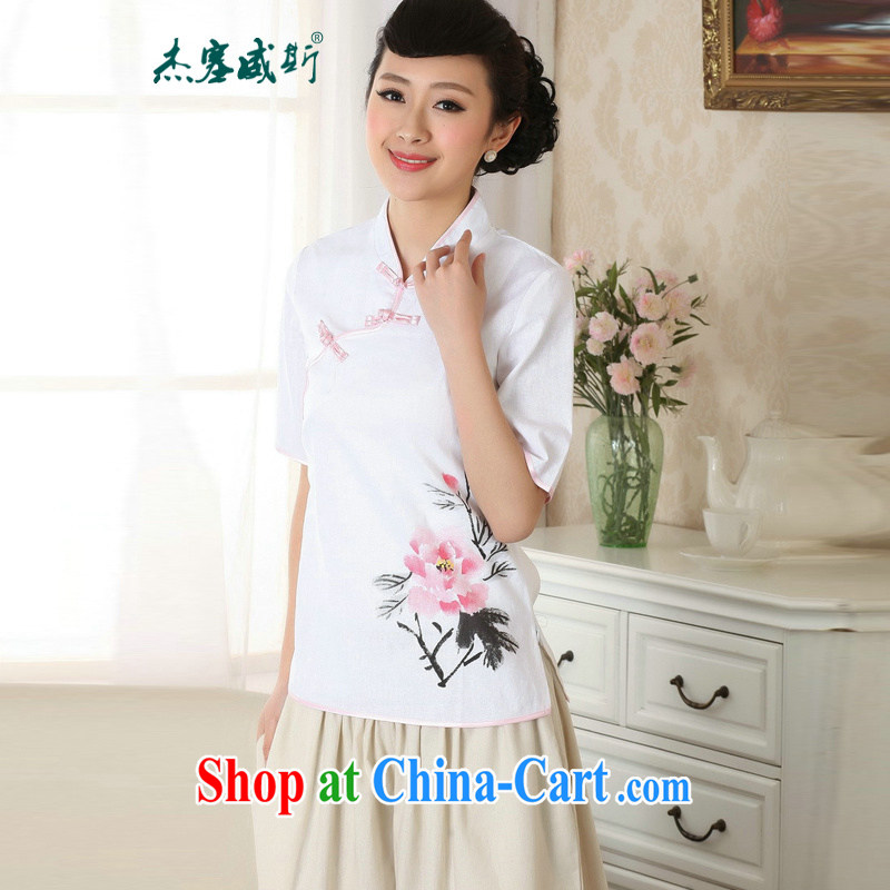 Jessup, new Ethnic Wind stamp short-sleeved hand-tie retro Chinese qipao China wind hand-painted cotton the Chinese shirt TA 0056 _white XXL