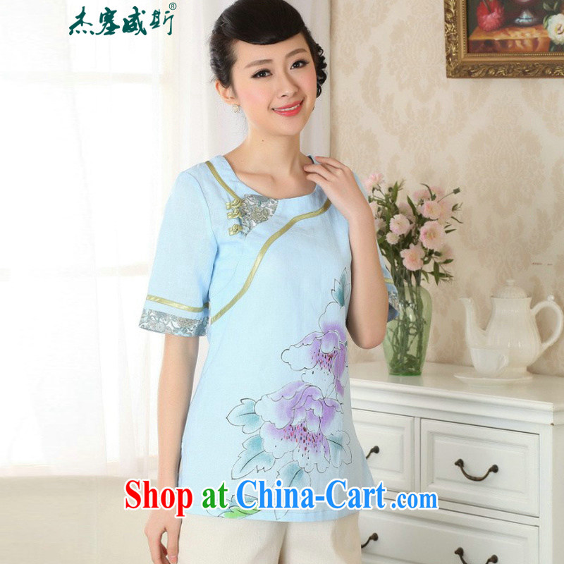 Jessup, new retro improved national wind round-collar short-sleeve manual tie cotton the Chinese qipao Chinese T-shirt shirt TA 0055 # light blue M, Jessup, and shopping on the Internet
