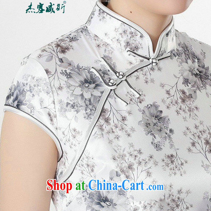 Jessup, new, fresh and elegant, short-sleeved stamp duty charge manually cheongsam dress cheongsam Chinese antique dresses TD #0201 white gray flowers XXL, Jessup, and shopping on the Internet