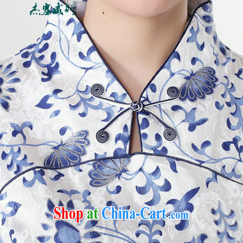 Jessup, new retro improved national, short-sleeved stamp manually for the cheongsam dress Chinese cheongsam Chinese qipao TD 0207 #Blue on white flower XXL, Jessup, and shopping on the Internet