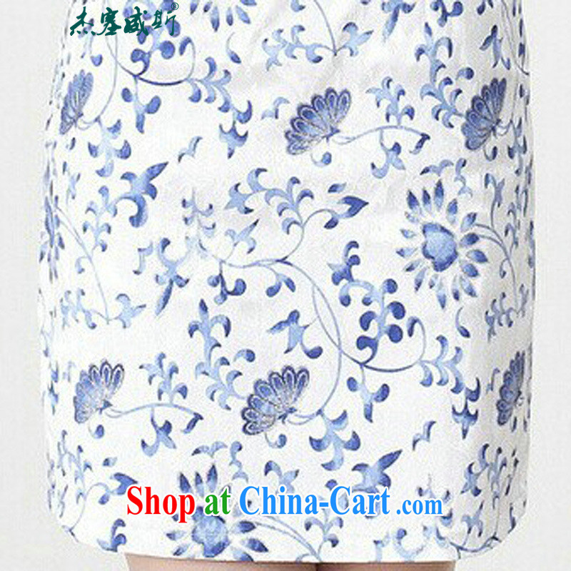 Jessup, new retro improved national, short-sleeved stamp manually for the cheongsam dress Chinese cheongsam Chinese qipao TD 0207 #Blue on white flower XXL, Jessup, and shopping on the Internet