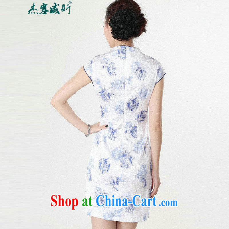Jessup, new, improved national V collar short-sleeved fine hand-tie short-sleeved stamp cheongsam dress Chinese cheongsam Chinese qipao TD 0206 Blue on white flower XXL, Jessup, and shopping on the Internet