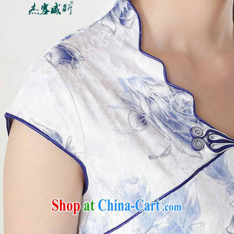 Jessup, new, improved national V collar short-sleeved fine hand-tie short-sleeved stamp cheongsam dress Chinese cheongsam Chinese qipao TD 0206 Blue on white flower XXL, Jessup, and shopping on the Internet
