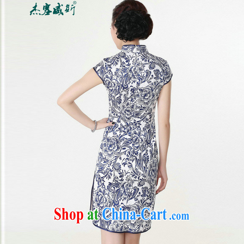 Jessup, new Ethnic Wind and elegant, for antique blue and white porcelain stamp short sleeve cheongsam dress improved Chinese qipao cotton robes TD 0204 Blue on white flower XXL, Jessup, and shopping on the Internet
