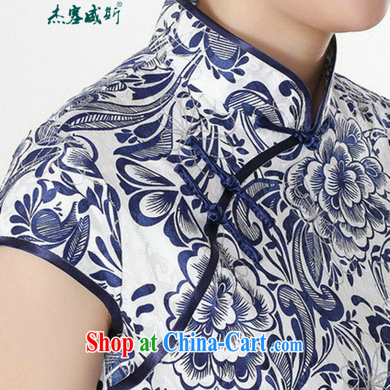 Jessup, new Ethnic Wind and elegant, for antique blue and white porcelain stamp short sleeve cheongsam dress improved Chinese qipao cotton robes TD 0204 Blue on white flower XXL, Jessup, and shopping on the Internet