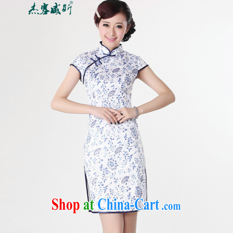 Jessup, new retro elegant fresh, stamp duty for short-sleeved hand tie cheongsam dress improved Chinese qipao cotton robes TD 0205 Blue on white flower XXL
