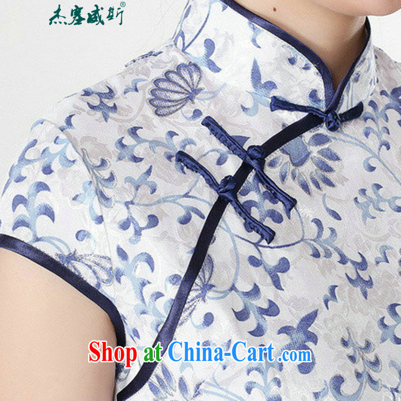 Jessup, new retro elegant fresh, stamp duty for short-sleeved hand tie cheongsam dress improved Chinese qipao cotton robes TD 0205 Blue on white flower XXL, Jessup, and, shopping on the Internet