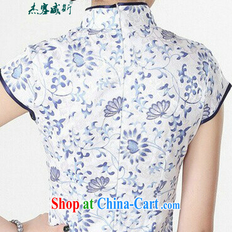 Jessup, new retro elegant fresh, stamp duty for short-sleeved hand tie cheongsam dress improved Chinese qipao cotton robes TD 0205 Blue on white flower XXL, Jessup, and, shopping on the Internet