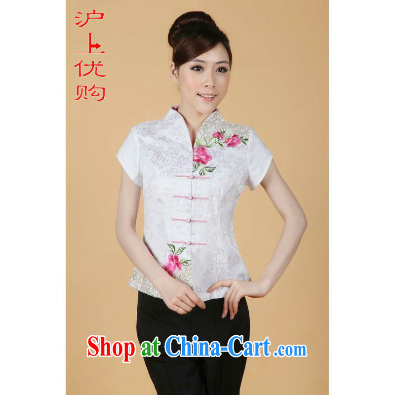 Shanghai, optimize purchase female Tang Women's clothes summer T-shirt, collar embroidered Chinese Han-female improved white 3XL