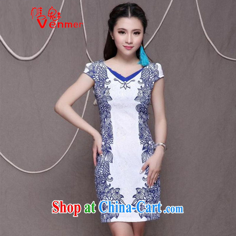 Clearly, Venmer high-end Ethnic Wind and stylish Chinese qipao dress retro beauty graphics thin cheongsam 9912 blue XXL
