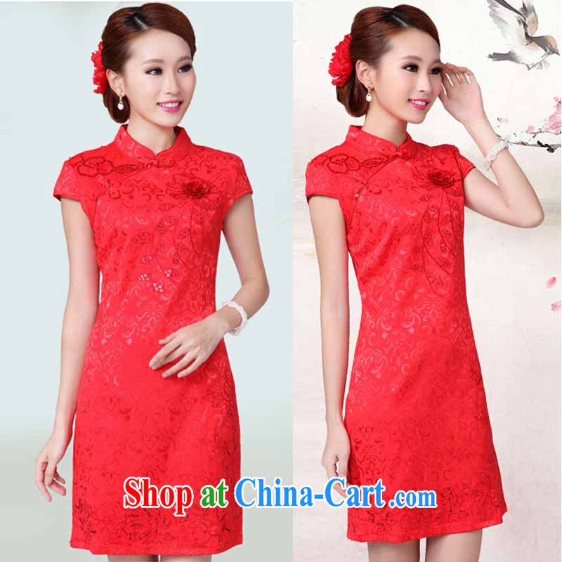 According to Chi-sun 2014 wedding dresses serving toast new summer red wedding dress high collar dress qipao 6601 red XL