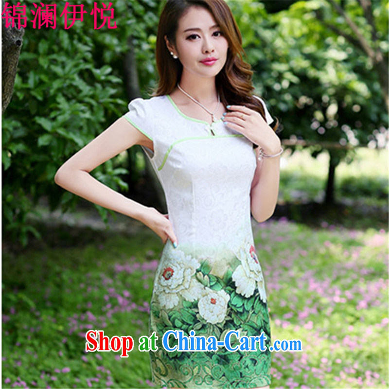 kam world the Hyatt cheongsam Chinese Peony 100, stamp duty watercolors China wind elegance about her mother, the cooked female improved cheongsam dress modestly short skirt with green Peony XXL