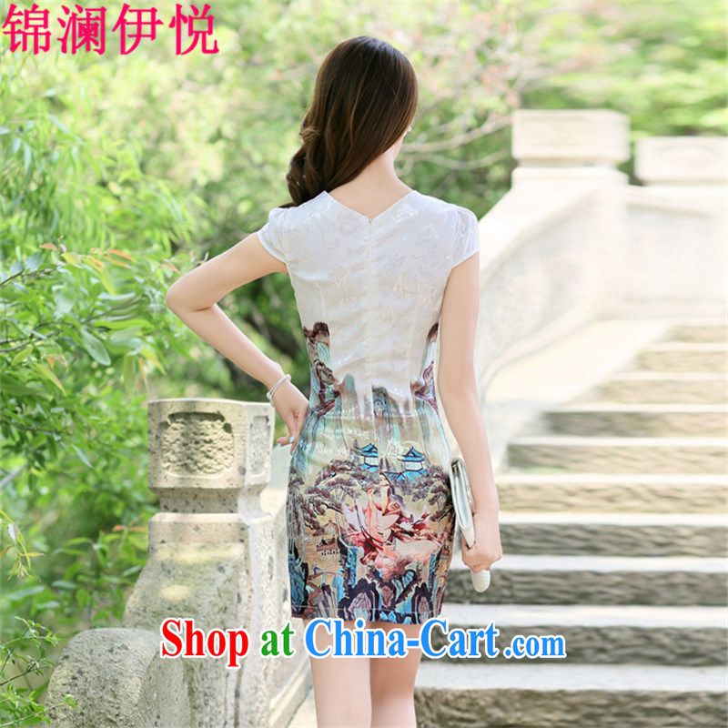 Kam-world, Yue shen video thin lady Xiao Ming pattern antique Chinese landscapes figure painting stamp pattern style short-sleeve improved cheongsam dresses daily dress dress gold beauty figure XXL, Kam world, Yue, and shopping on the Internet
