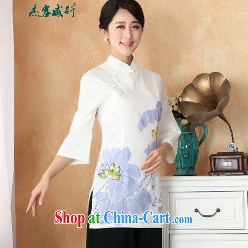 Jessup, new improved summer cotton the larger hand-painted T-shirt Chinese lady Han-Chinese shirt M 2393 white purple XXL, Jessup, and shopping on the Internet