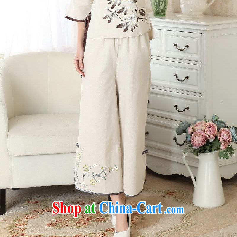 Jing An older children, Trouser Press Trouser press summer wear elastic waist cotton Ma hand-painted Tang pants MOM pants 9 pants ethnic wind widening and trouser press P 0012 M yellow L, an Jing, online shopping