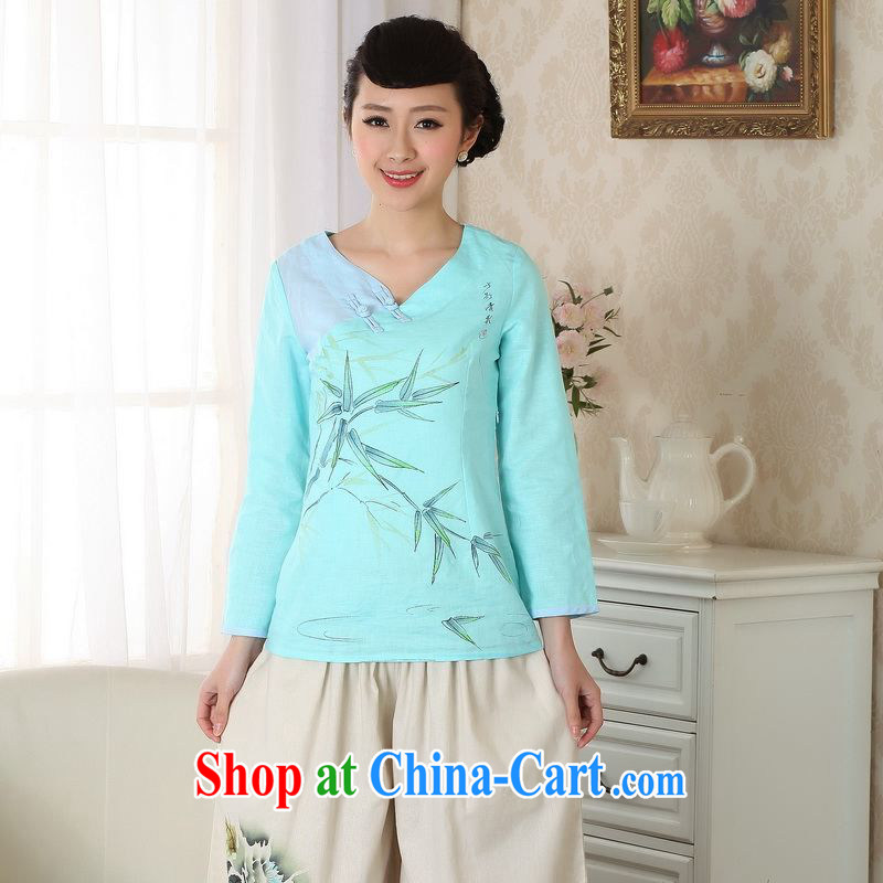 Allow Ms. Jing Tang Women's clothes summer V T-shirt collar linen hand-painted Chinese Han-female improved Tang in A cuff 0059 blue 2 XL (135 - 145 ) jack, an Jing, shopping on the Internet