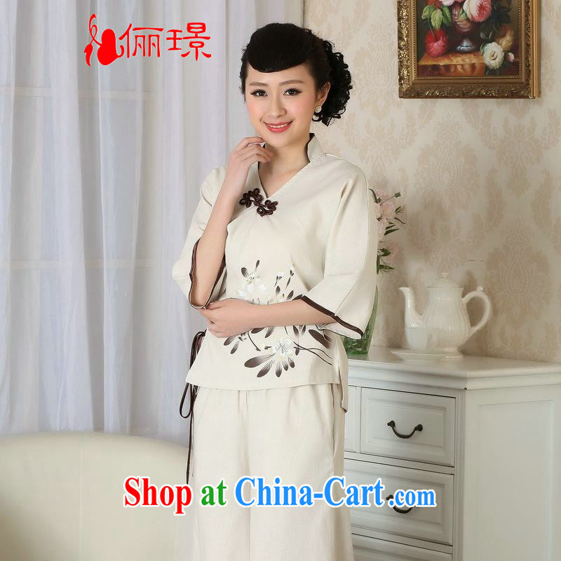 An Jing female Tang Women's clothes summer Crescent T-shirt collar cotton the hand-painted Chinese Han-female improved Tang in A cuff 0054 beige L _recommendations 120 - 130 jack_