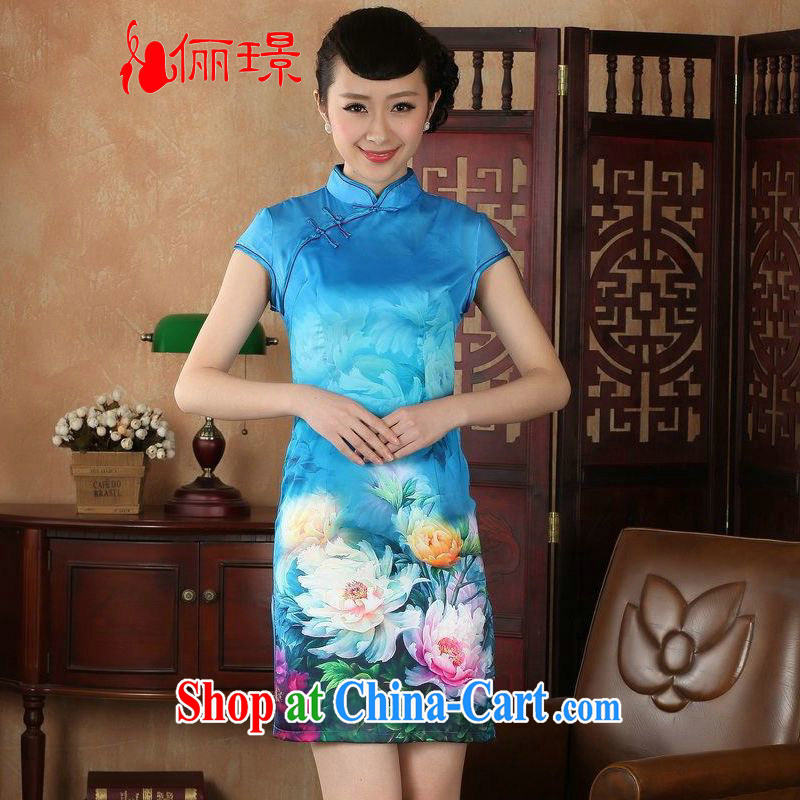 Jing An outfit summer improved retro dresses, for a tight hand-painted Chinese improved cheongsam dress short D 0231 Hu blue 2 XL _120 - 130 _ jack