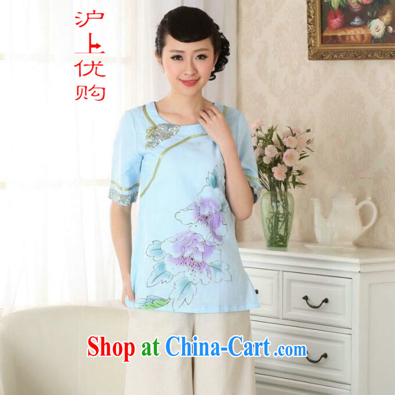 Shanghai, optimize purchase female Tang Women's clothes summer cotton shirt the linen ethnic wind Chinese Han-female improved A 0055 light blue 2 XL