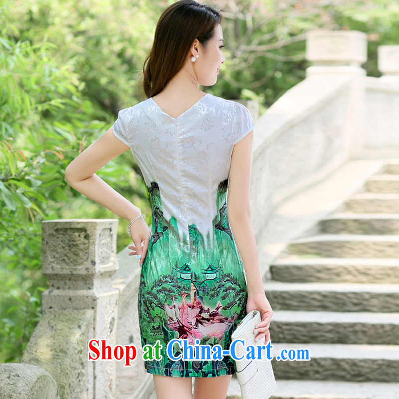 Ms. Tung Chee Hwa 2014 new Chinese leisure stamp short-sleeved round-collar cheongsam Chinese China retro dresses package arm skirt girls in summer 8825 - 1 green L, Ms. Tung (Miss . Dong) outfit,/Tang, and shopping on the Internet