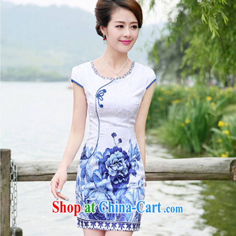 The beautiful valley 2015 summer new retro blue and white porcelain Tang with stylish elegance dresses cheongsam blue M