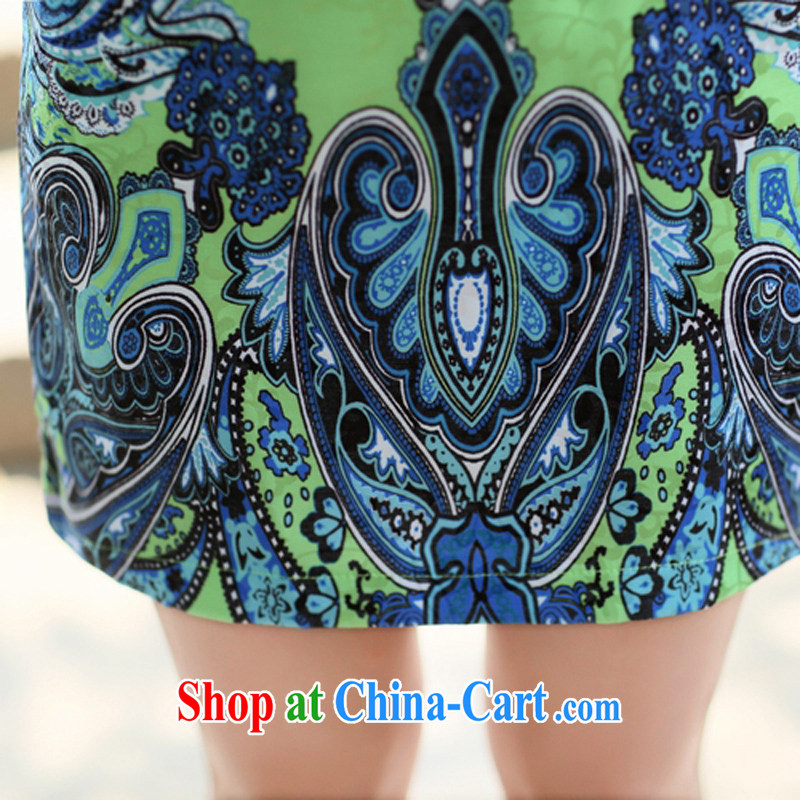 The beautiful valley 2015 female new Ethnic Wind Chinese short-sleeved Chinese Embroidery ink retro beauty graphics thin cheongsam dress green M, Cayman, Lai Valley, shopping on the Internet