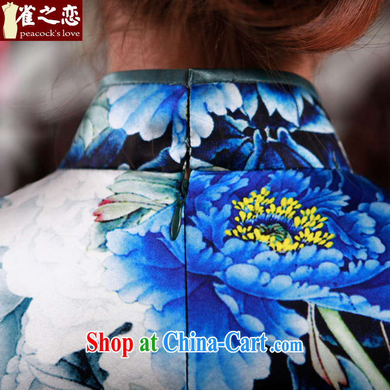 Bird lovers of poetry, so 2015 spring new improved stylish upmarket heavy Silk Cheongsam day blue L, birds love, and shopping on the Internet