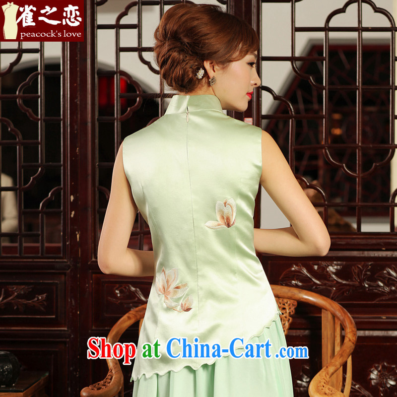 Bird lovers of fabulous HD video retro heavy silk Chinese Embroidery Chinese qipao shirt QD 486 light green S, birds love, shopping on the Internet