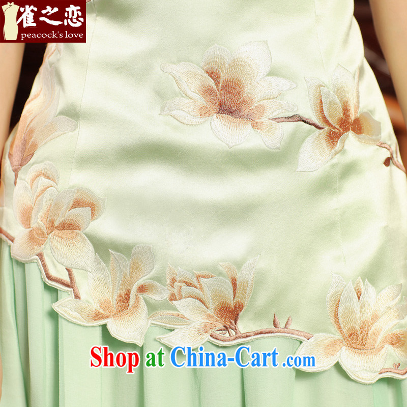Bird lovers of fabulous HD video retro heavy silk Chinese Embroidery Chinese qipao shirt QD 486 light green S, birds love, shopping on the Internet