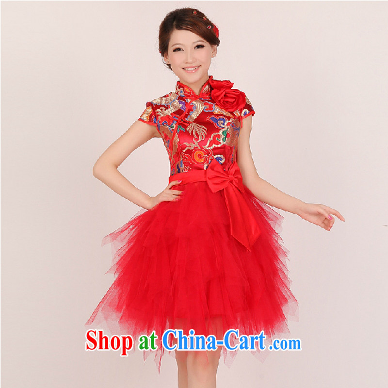 In accordance with the preceding yarn new 2015 dragon robe improved atmospheric Chinese wedding dress dress uniform toasting Red Gold stylish short bridal dresses red S