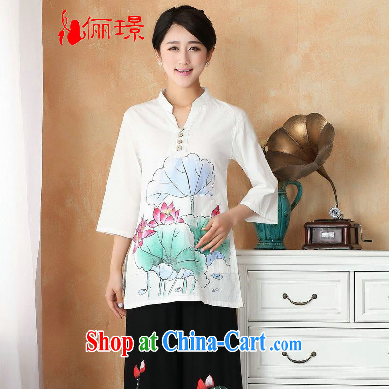 Allow Ms. Jing Tang Women's clothes summer wear T-shirt, for the hard-pressed the cotton hand-painted Chinese Han-female improved Chinese cuff in 2392 - 1 Lotus 3 XL _140 - 150 _ jack