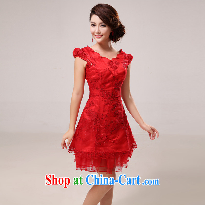 The United States, the Chinese Antique -- red bridal wedding dresses serving toast short, lace, improved Princess package shoulder cuff beauty graphics thin Q 0007 red L, the American (Imeinuo), shopping on the Internet