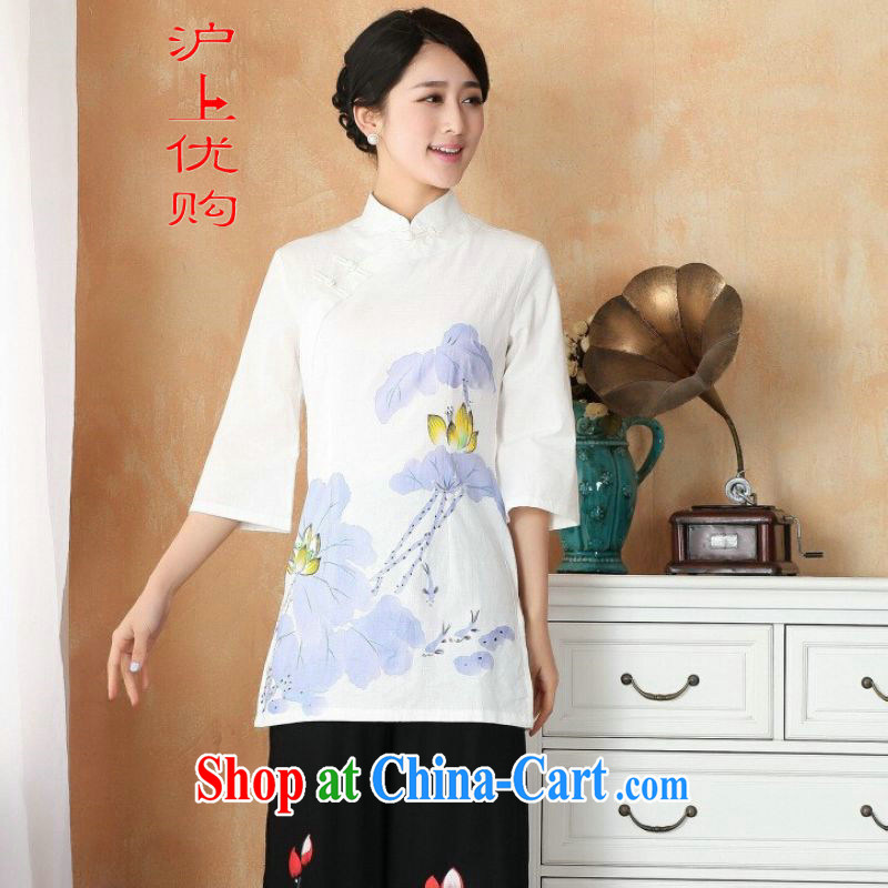 Shanghai, optimize purchase female Tang Women's clothes summer T-shirt, for a tight hand-painted cotton the Chinese Han-female Enhancement - 1 white purple 2 XL