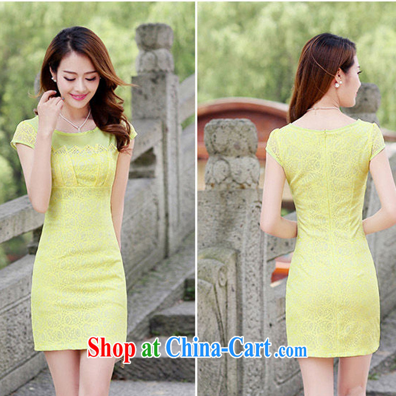 M-hee, summer 2014 new stylish improved cheongsam dress for the high-end lace beauty graphics thin dresses yellow XXL, Domino-hee, shopping on the Internet