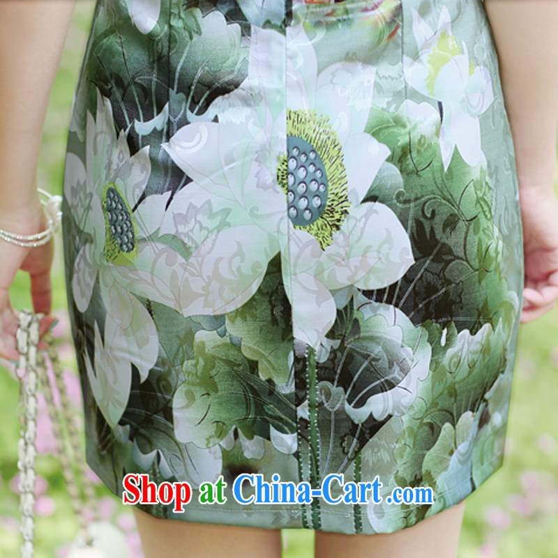 The Hee-2014 summer new stylish women's clothing style cheongsam dress improved beauty dress short-sleeved short Green lotus XL, Domino-hee, shopping on the Internet