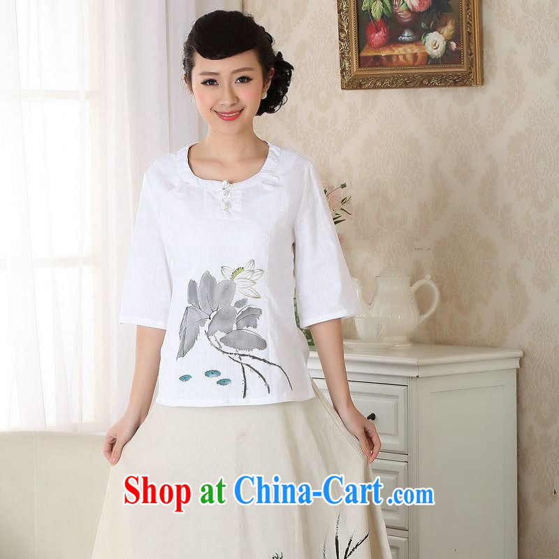 Floor is still building female new summer cotton Ms. Ma hand-painted 7 cuff round-collar antique Chinese improved ethnic-bong the code Chinese T-shirt female white 2 XL