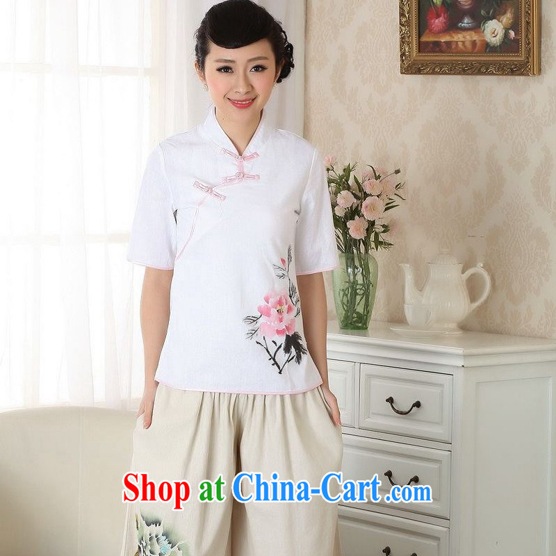 Floor is still building female new summer, short-sleeved cotton Ma Ethnic Wind antique hand-painted large, qipao Chinese T-shirt female white 2 XL