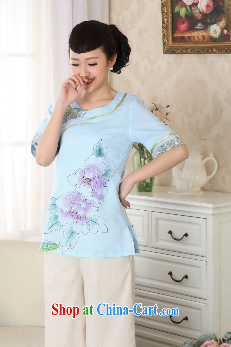 Floor is still building female new, Ms. summer round-collar short-sleeve cotton Ma hand painted ethnic-Chinese improved the code cheongsam Chinese T-shirt girls light blue L pictures, price, brand platters! Elections are good character, the national distribution, so why buy now enjoy more preferential! Health