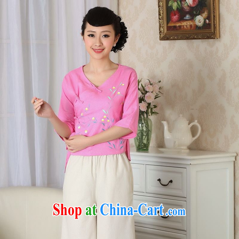 Floor is still building female new summer, short-sleeved V collar-tie Chinese improved cotton Ma hand-painted large, Chinese T-shirt girl deep pink XL