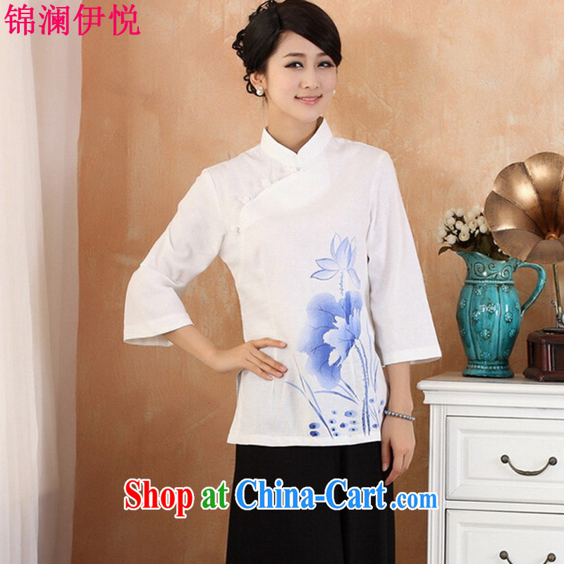 Kam-world the Hyatt 2015 summer new, female retro Lotus stamp duty loose XL thick mm female national literary and artistic temperament cheongsam shirt improved daily blue XXL, Kam world, Yue, and shopping on the Internet