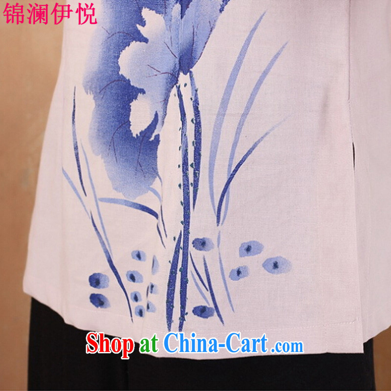 Kam-world the Hyatt 2015 summer new, female retro Lotus stamp duty loose XL thick mm female national literary and artistic temperament cheongsam shirt improved daily blue XXL, Kam world, Yue, and shopping on the Internet