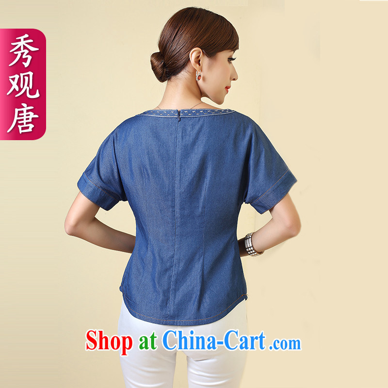 The CYD HO Kwun Tong) and 2014 summer new short-sleeved Ethnic Wind T-shirt embroidery, Ms. Tang is TD 4324 dark blue XL, Su-koon Tang, shopping on the Internet